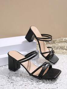 1 Pair Women's Strap Criss-Cross Thick High Heel Sandals, French Style Suitable For Summer, Party, Dress Matching, Versatile - Black - View 3