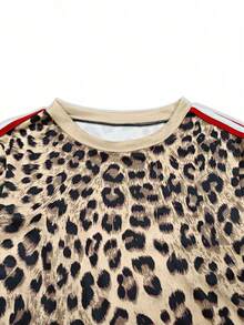 2 piezas Conjunto casual de top de manga larga y pantalones con estampado de leopardo y parches, para primavera/otoño - Marrón - Ver 4