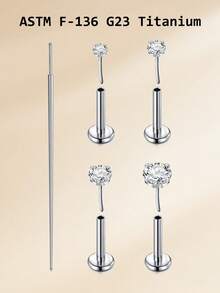 CIZME 20g Threadless Titanium Alloy Lip Ring, Flat Base Cartilage Earring, 6mm/7mm/8mm Tragus/Helix Earrings, Unisex, G23 Push-In Lip Piercing Jewelry With 2mm/3mm/4mm Zirconia Inlaid Top - Silver - View 4