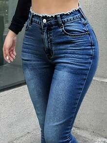 Women's High-Waisted Stretch Skinny Jeans - Hair Edge Waistband Distressed Ripped Ankle Denim Pants, Butt-Lifting Slim Fit Casual Trousers - 深色水洗藍 - 查看 4