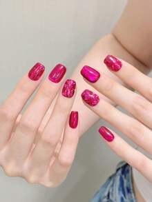 10 piezas de uñas postizas de acrílico, puntas de uñas cuadradas cortas, el color principal es rojo rosa vibrante. Estilo brillante combinado con purpurina a juego, brillante y deslumbrante. Este es un diseño de uñas llamativo y glamoroso adecuado para que las mujeres lo usen en bodas, fiestas, vacaciones y también un regalo ideal de arte de uñas para amigos y familiares. Suministros de uñas, uñas postizas hechas a mano - Multicolor - Ver 21
