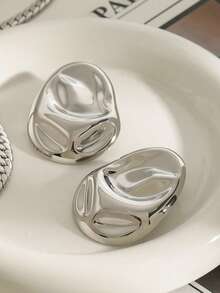 1 Cặp Hoa tai kim loại lớn bằng thép không gỉ màu vàng cổ điển dành cho nữ, trang sức dự tiệc hình học Châu Âu thời trang - Bạc - Xem 8