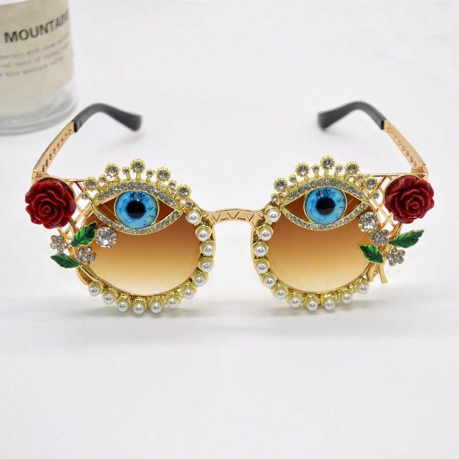 1 Pair Vintage  Flower Fashion Glasses Brown Large Frame Round Shape Versatile High-End Feel Sunscreen Glasses - Vàng - Xem 1