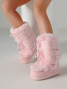Women's Y2k Fluffy Furry Winter Snow Boots Fashion Platform Wedges Heel Lace Up Pull On Warm Comfy Faux Fur Mid Calf Boots Woman - 粉色 - 查看 4