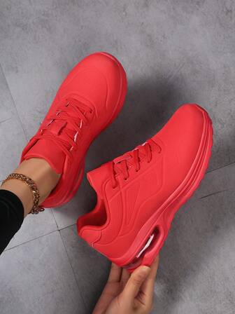 Lace-Up Leather Red Outdoor Running Shoes, Fashionable Walking Shoes For Women, Comfortable Breathable Casual Thick-Soled Cushioned Sports Shoes For Spring, Autumn, Winter, Suitable For New Year Holiday, Spring Shoes, Spring Break, Easter, Christmas