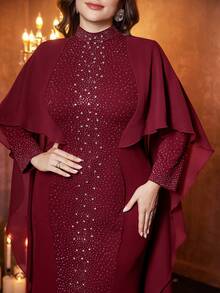 UNITHORSE Plus Women's Stand Collar Floating Piece Long Sleeve Heavy Industry Hot Drilling Slim-Fitting Butt-Hugging Knit Burlap Evening Dress - Burgundy - View 6