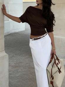 minisummmer Women's Dark Brown New Arrival Spring Summer Off-The-Shoulder Batwing Sleeve Ruched Crop Top - Relaxed Fit Sleeve & Slimming Waist Ruche Detail Soft Lightweight Romantic Chic Casual Daily Valentine's Day Date Carnival Office Outfits - Brown - View 7