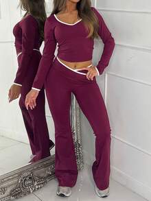 Vaiaye Women's Valentine's Day Carnival Y2k Women's Two Pieces Casual Sports Yoga Body Shaping Long Sleeve Red Top With Open Umbili And Micro Pull Hip Lifting Pants Set - Burgundy - View 7