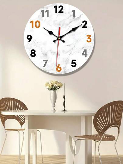 1pc Modern Silent Wall Clock, Japanese Quartz Movement, Round Wooden Frame With Marble Texture, Analog Display, Suitable For Living Room, Bedroom, Office - Battery Powered (1 AA Battery Not Included)