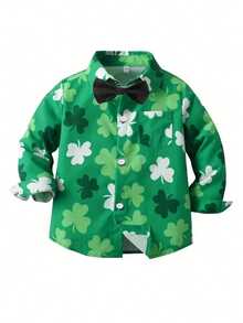 Boys' St. Patrick's Day Clover Print Long Sleeve Shirt - Casual Button-Up Top, Perfect For Spring/Autumn - Green - View 1