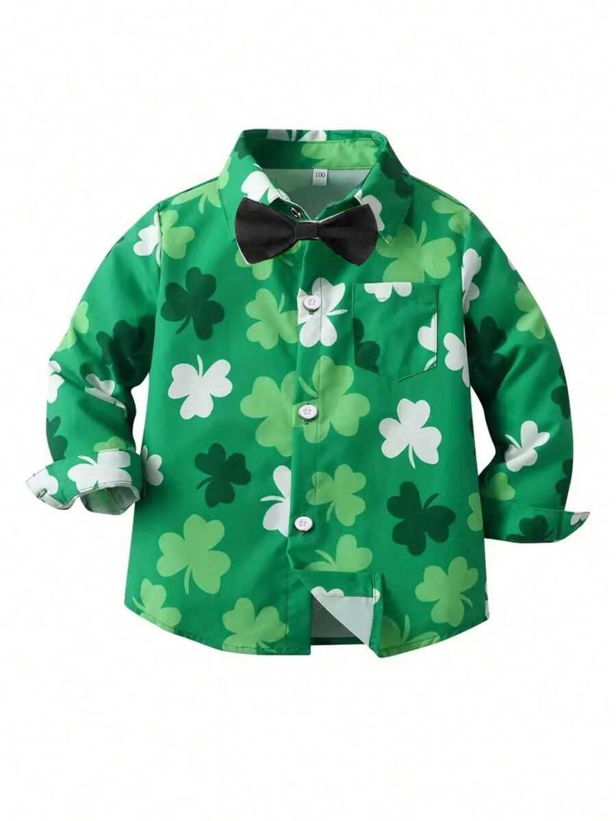 Boys' St. Patrick's Day Clover Print Long Sleeve Shirt - Casual Button-Up Top, Perfect For Spring/Autumn - Green - View 1