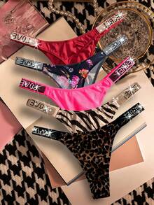 5pcs Sexy Thongs Womens Panties Rhinestone Low Waist Underwear Soft Breathable Comfortable Female Lingerie Good Elasticity Opaque Suitable For Daily Work Sports And Dating Sexy Gifts For Lovers Womens - 混合色3 - 查看 1