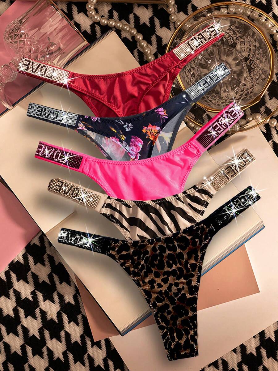 5pcs Sexy Thongs Womens Panties Rhinestone Low Waist Underwear Soft Breathable Comfortable Female Lingerie Good Elasticity Opaque Suitable For Daily Work Sports And Dating Sexy Gifts For Lovers Womens - 混合色3 - 查看 1
