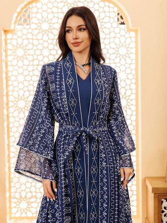 2 piezas Cárdigan de unicolor con encaje, bordado de cuentas, elegante estilo europeo y árabe medio oriental de Dubai para mujer con mangas largas y cinturón