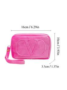 Valentino Pink Cosmetic Pouch With Detachable Satin Strap, Soft Velvet Makeup Bag Featuring Signature VLogo Medallion & Metal Zipper Pull - Hot Pink - View 3