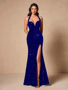优雅女士无袖露背宝石蓝亮片紧身连衣裙，高开衩设计，夏季派对鸡尾酒礼服 - 寶藍色 - 查看 5