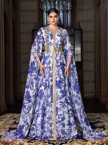 Đầm dạ hội bằng vải chiffon tuyệt đẹp dành cho nữ, tay áo xẻ tà dài, họa tiết hoa lá và các điểm nhấn trang trí, chân váy xòe dài đến sàn – Lý tưởng cho đám cưới, tiệc gala, dạ hội và các sự kiện thảm đỏ. - Màu xanh lam - Xem 8