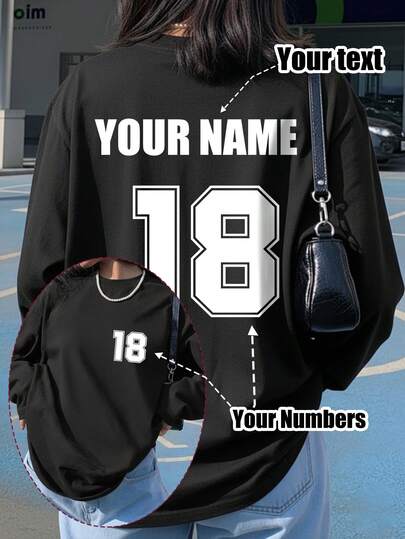 Camiseta de manga larga personalizada para mujer, impresa con logotipo, nombre/texto/número de la suerte en el frente y la espalda. Corte holgado en negro, ideal para regalos navideños, uso en otoño e invierno, cómoda y única, un tesoro personalizado y un regalo pensado para familiares y amigos. Primavera, ropa deportiva elevada