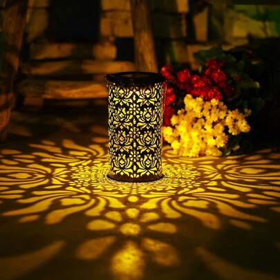 1pc Solar Powered Iron Peony Lantern, Hollow Design Hanging Lamp For Outdoor Garden, Yard Decor, Atmosphere Light