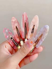 5件套时尚优雅樱花粉色亚克力无缝发夹，可爱刘海发夹，甜美发饰 - 彩色 - 查看 2