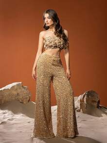 Faeriesty 优雅女士亮片长裤和3D立体花卉吊带背心两件套，修身舒适，精致永恒的设计，适合红毯、盛会、婚礼、奢华派对等场合，例如婚宴、化装舞会、秘密花园派对、正式晚宴、黑领结活动、毕业典礼和生日装扮，春夏连衣裙 - 香檳色 - 查看 4