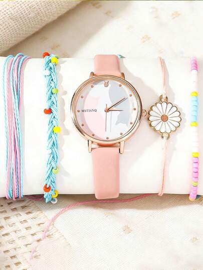 5pcs/Set Women's Quartz Watch + Bracelet Set, Korean Minimalist Leather Band Quartz Watch, Versatile Daily Wear Accessory, Suitable For Christmas, Ramadan, Eid, Carnival Festivals