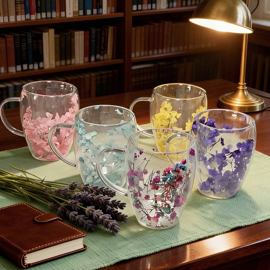 1個 350ml 雙層玻璃馬克杯，附真實乾燥花與手柄，INS風格流沙咖啡杯，適用拿鐵、冰美式、抹茶、牛奶、果汁與奶昔，適合妻子、女友、朋友的生日、聖誕與節日禮物，派對送禮首選 - 無色 - 查看 1