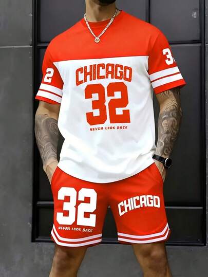 2026 新款夏季 3D 男士时尚短袖套装，印花圆领 T 恤 + 短裤两件套，芝加哥 32 号“永不回头”设计，休闲、健身、跑步必备街头风穿搭