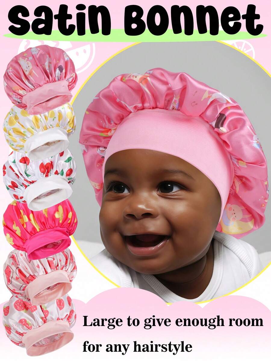 1 Stück Kinderbonnet mit zwei elastischen Bändern, bedruckter Seiden-Satin modischer Schlafmütze, lässig und bequem, atmungsaktiv und weich - Verschiedenfarbig - Übersicht 1