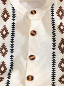 Set de 2 piezas: Camisa de manga corta con botones y estampado para niños pequeños, con tela a rayas texturizada. Pantalones cortos de unicolor con cintura elástica, adecuado para uso diario casual y salidas - Albaricoque - Ver 5