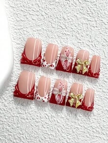 10Pcs Late Autumn Red Style Handmade Press On Nail,Polygel Nail Set,Leopard Fake,Flowers,Red,White Nail Polish,Personality Style,Includes Nail Tools,3 Sizes Available,Almond,Duck,Coffin Nails For Party,Dance,Daily Wear. - 彩色 - 查看 12