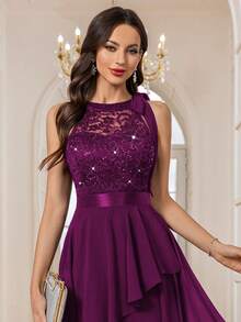 MIUSOL 亮片花卉蕾丝拼接露背派对礼服，适合生日、婚礼宾客、晚宴及其他场合，夏季优雅之选。 - 紫紅色 - 查看 10