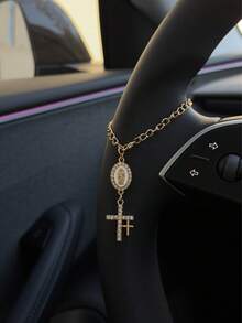 1个方向盘装饰品，15厘米可调节长度，简约可爱，创意念珠吊坠汽车配件，独特时尚汽车挂件装饰 - 白色橢圓盤+十字A款 - 查看 5