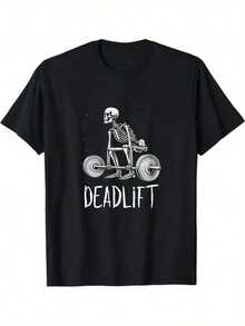Camiseta gráfica de esqueleto de levantamiento de pesas 100% algodón para hombres - Camiseta de gimnasio de ajuste holgado y transpirable, top de entrenamiento casual para todas las estaciones con cuello redondo, regalo de vacaciones lavable a máquina, accesorios de gimnasio - Negro - Ver 2