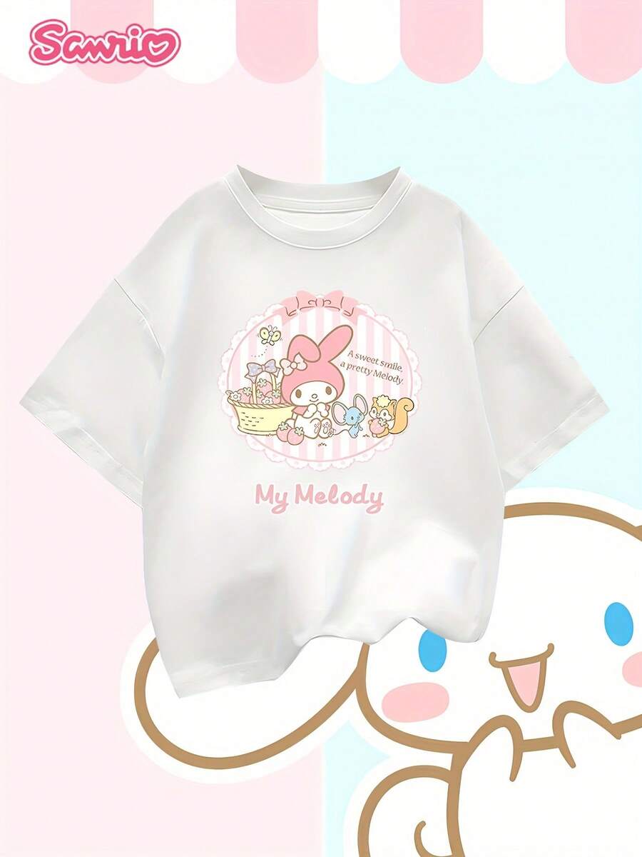 SANRIO Cartoon  Short-Sleeved Cotton T-Shirt-Girl's Comfortable Summer Coat, Bright Design And Soft Material, Suitable For Outdoor Play And Leisure Wear. - 白色 - 查看 1