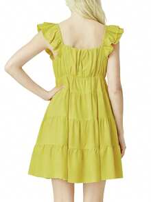 Women Tiered Mini Dress Solid V Neck Flutter Sleeve Backless A-Line Short Dress For Daily Party Club - Lemon Yellow - View 4