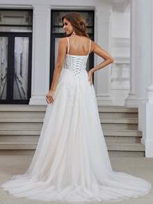 撞色吊带连衣裙，饰有闪亮刺绣珠饰，优雅新娘婚纱，性感妩媚的网纱贴花系带设计，适合所有季节 - 米色 - 查看 3