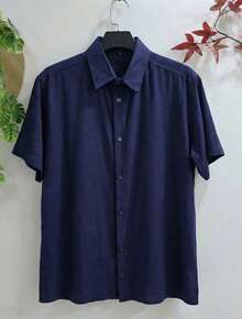 Plain Hawaiian Beach Summer Men's Short Sleeve Button-Down Shirt, Viscose Fabric - Xanh đậm - Xem 1