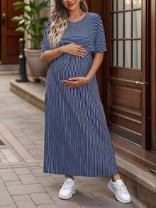 Nursing Line Print Round Neck Short Sleeve Dress - Blue and White - View 4