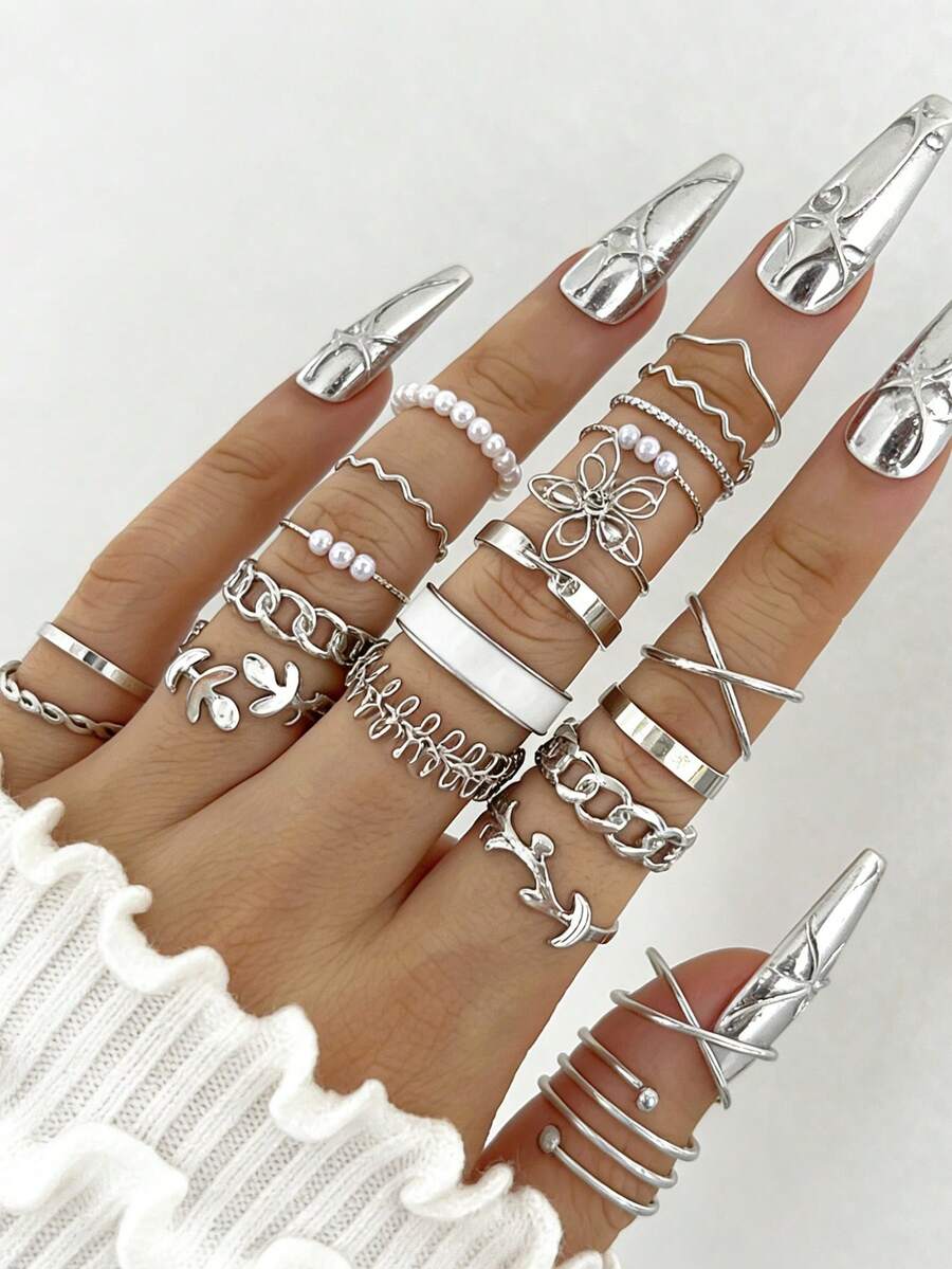 Bộ 22 chiếc nhẫn rỗng hình thánh giá, bướm, ngọc trai kiểu cổ điển dành cho nữ, thời trang, hình trái tim, quà tặng trang sức cho đám cưới, tiệc tùng, lễ hội. - Bạc - Xem 1