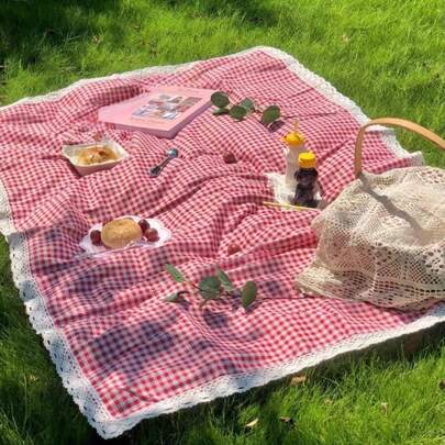 1pc Picnic & Outdoor Portable Mat, Linen Material, Gingham & Lace Decor, Camping & Photography Prop