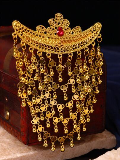 1pc Luxury Vintage Women's Hair Clip, Moon Shaped Hollow Carved With Metal Tassel Pendant, Jewelry Hair Accessory For Women, Suitable For Festivals, Weddings, Parties