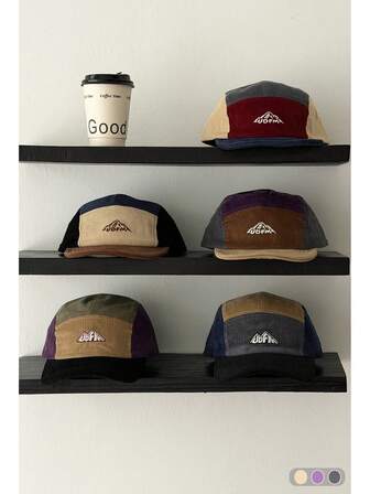 1顶软顶平沿帽，复古刺绣灯芯绒拼接帽，女士秋冬短檐五片式软檐棒球帽，拼接山地灯芯绒软檐短檐五片式棒球帽，复古秋冬露营男女通用按扣帽，滑板嬉皮风