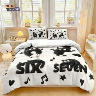 3pcs Set (1 Duvet Cover + 2 Pillowcases, No Filling) Printed With Cute Cat & Number 6, 7 Design, Black & White Romantic Pattern, Warm & Cozy Bedding Set, Suitable As Valentine's Day Gift For Couples And Family (1 Duvet Cover + 2 Pillowcases, No Filling), Personalized Bedding, Soft, Warm And Skin-Friendly Duvet Cover, Available In Multiple Sizes, Oversized, Essential For Couples Everyday And Valentine's Day