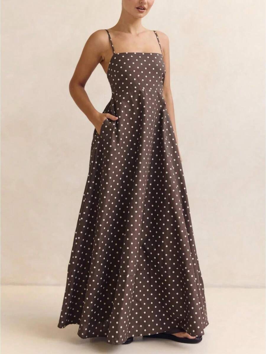Women's Polka Dot Print Maxi Dresses Vintage Spaghetti Strap Square Neck Open Back Long Dresses Streetwear Party Clubwear Going Out Dresses - 巧克力色 - 查看 1