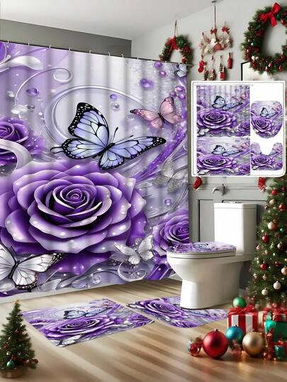 1/3/4 件套紫色玫瑰花、蝴蝶、仿珍珠浴室套装，包含 U 型马桶盖套、马桶座套、浴室装饰、带 12 个挂钩的浴帘套装、浴室防滑垫、马桶座套和 U 型浴室窗帘淋浴套装，现代家居装饰，悬挂式浴帘，适用于家居装饰、浴室装饰、情人节装饰