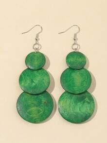 1 Pair 3-Piece Round Wooden Tassel Dangle Earrings For Women - Green 1 - View 2