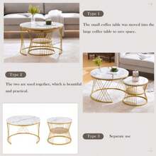 (WF319028AAA) Modern Nesting Coffee Table, High Gloss Coffee Table Set, Marble Veneer Sofa Side Nest Of Tables Round End Tables, Set Of 2, Gold Color Frame - 白色 - 查看 2
