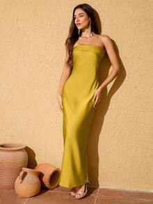 LOVE&LEMONADE Women's Solid Color Minimalist Casual Tube Dress - Olive Green - View 2