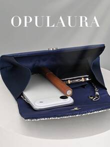 Borsa a clutch mini plissettata OpulAura per autunno/inverno. Scintillante e glamour, impreziosita da cristalli, elegante e alla moda, borsetta a busta, progettata per le donne, adatta per feste, matrimoni, eventi serali e raduni. Una scelta ideale per le donne che partecipano a feste, matrimoni, lauree e cene/banchetti formali, e un'ottima opzione regalo. - Blu Navy - Visualizzare 3